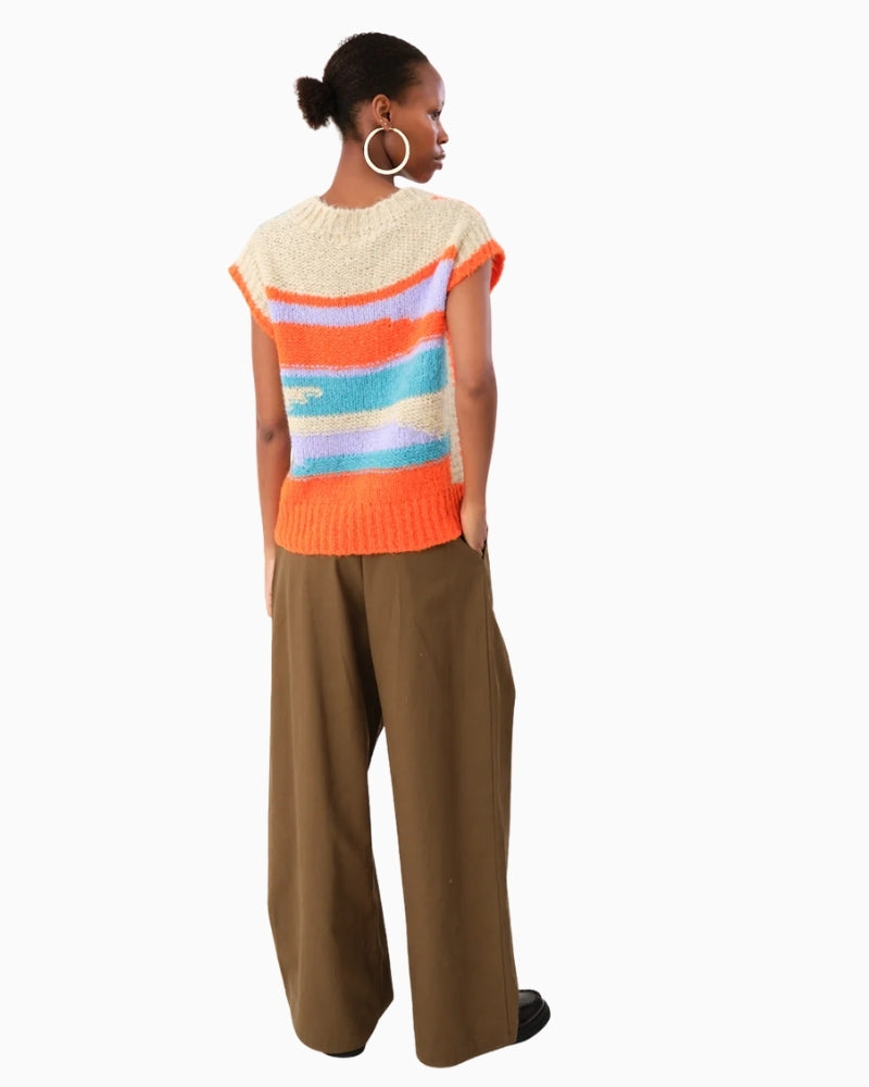 Back view of bold stripe Lollys Laundry vest with ribbed hem finish