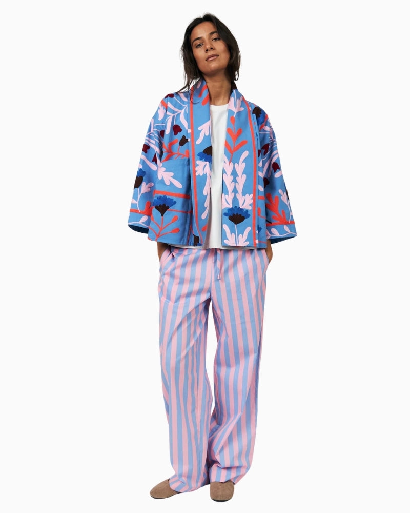 Woman wearing Lollys Laundry Rumill blue jacket open front – Áines Boutique