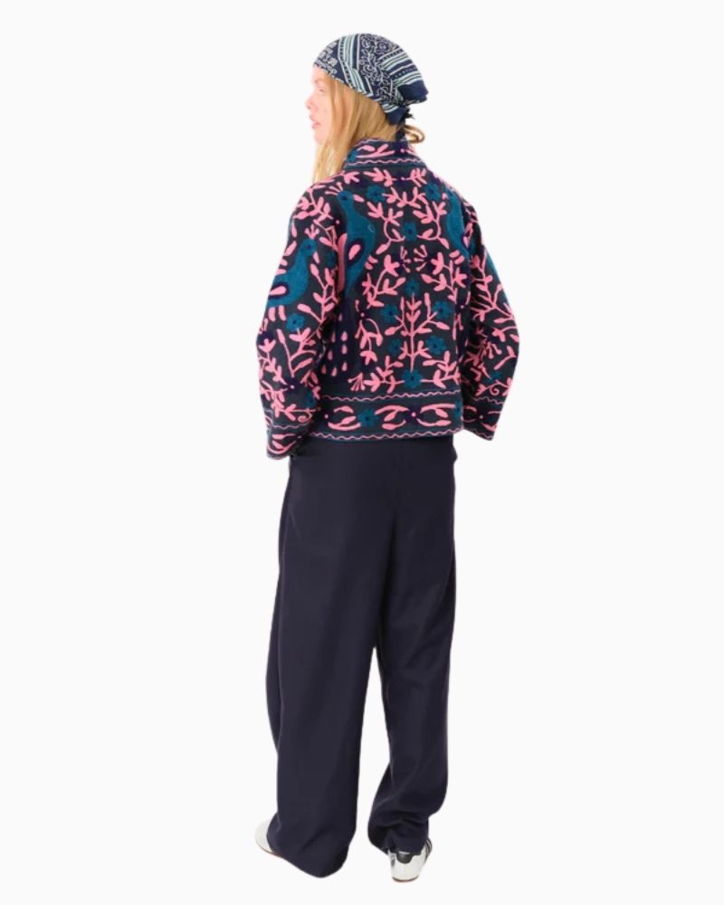 Back of Lollys Laundry Sadie jacket in washed black with floral embroidery 