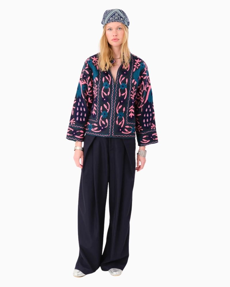 Lollys Laundry Sadie jacket in washed black with floral embroidery and open front