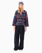 Lollys Laundry Sadie jacket in washed black with floral embroidery and open front