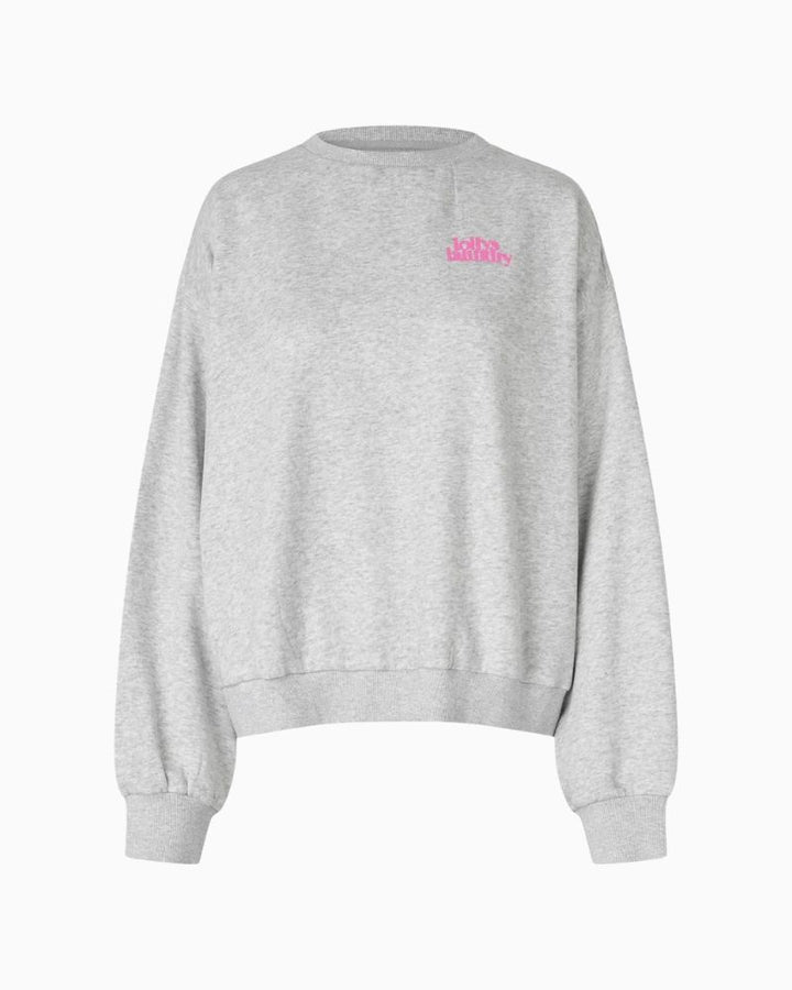 Lollys Laundry grey sweatshirt with embroidered logo on front and cockatoo print on back