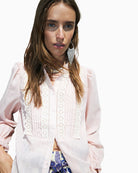 Woman wearing Lollys Laundry Arielll Shirt Light Pink with lace panel detail front view – Áines Boutique