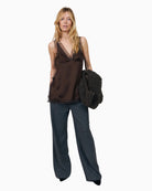 Lollys Laundry CainLL Top in dark brown showing deep V-neckline and lace detail