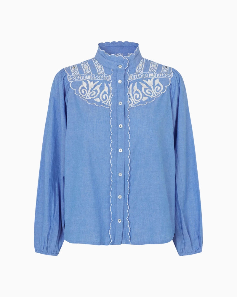 Lollys Laundry Lia Shirt in Blue embroidered detail