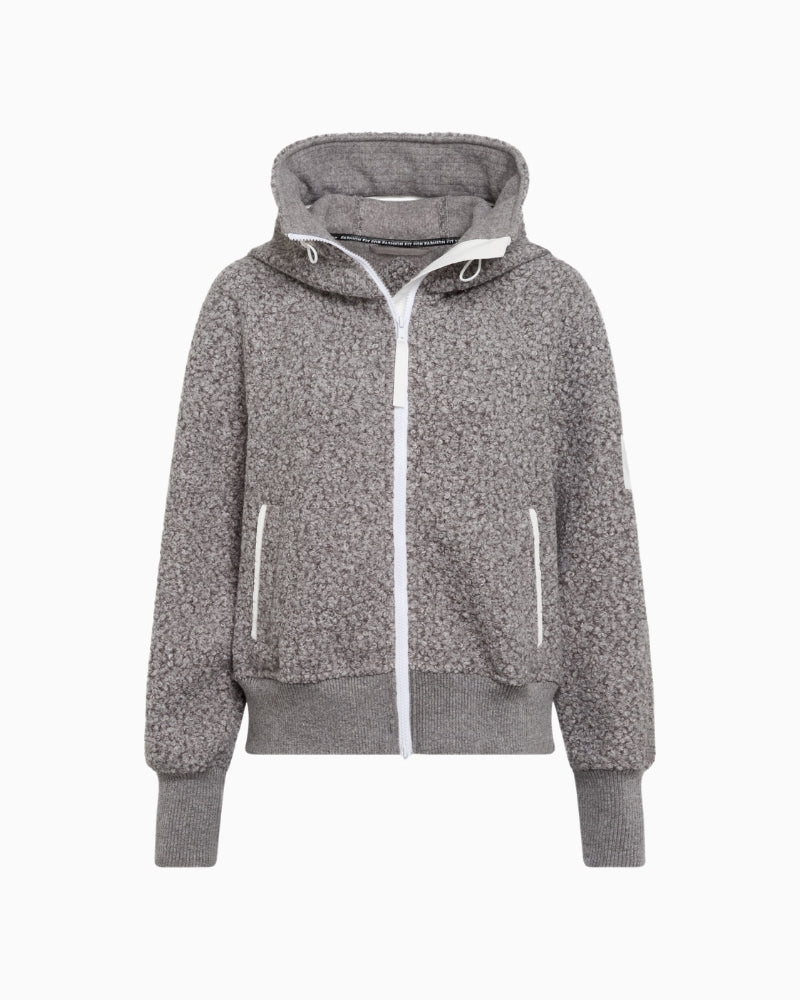 Grey boucle zip-up hoodie by Marc Aurel with contrast trim and drawstring hood
