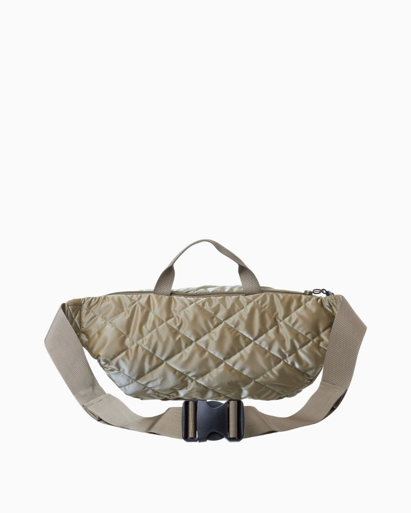 Back view of khaki crossbody belt bag in polyester with subtle branding