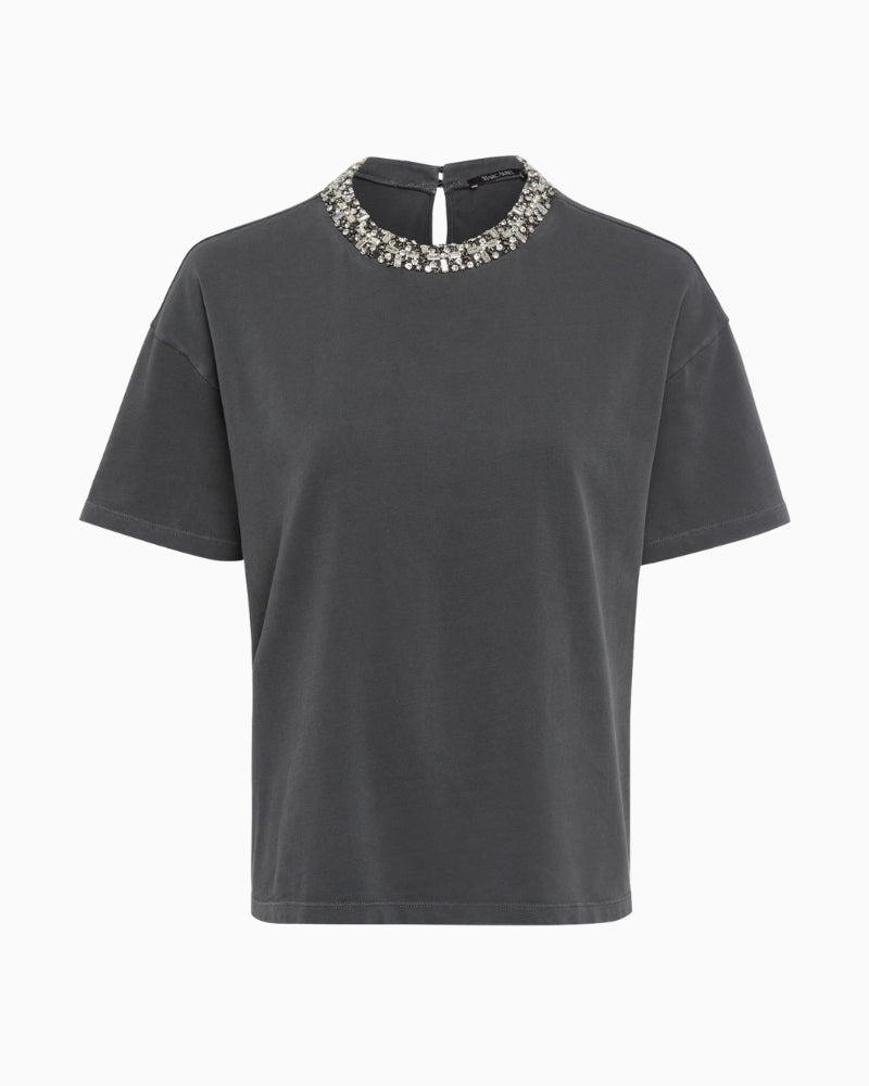 Black cotton t-shirt by Marc Aurel with embellished neckline