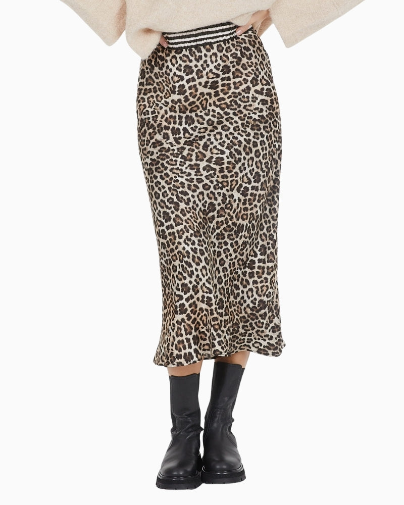 Marc Aurel midi skirt in leopard print with striped patchwork in viscose satin