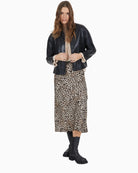 Detail of waistband and slim silhouette on Marc Aurel satin leopard print skirt