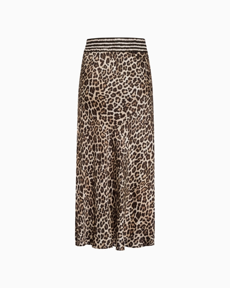Back view of Marc Aurel leopard and stripe midi skirt in flowing viscose satin