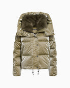 Front view of Marc Aurel shimmer puffer jacket with faux fur hood and zip pockets