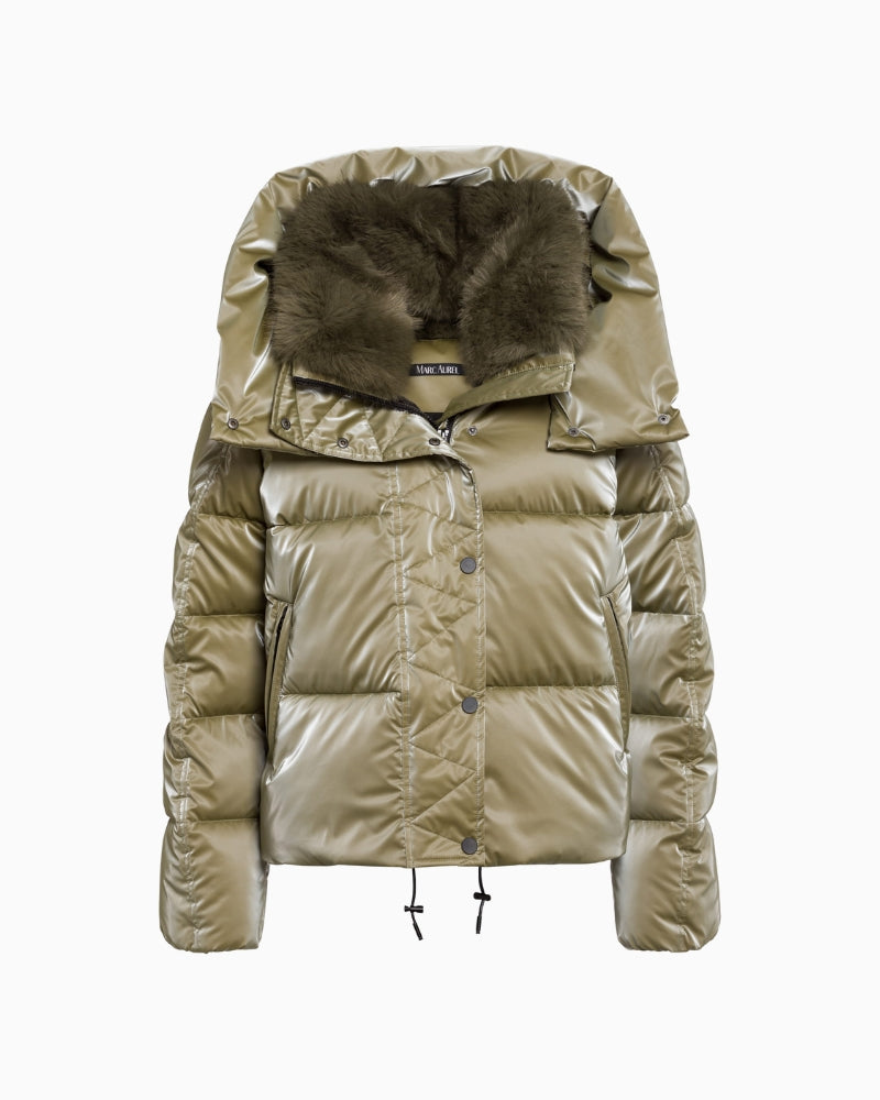 Front view of Marc Aurel shimmer puffer jacket with faux fur hood and zip pockets