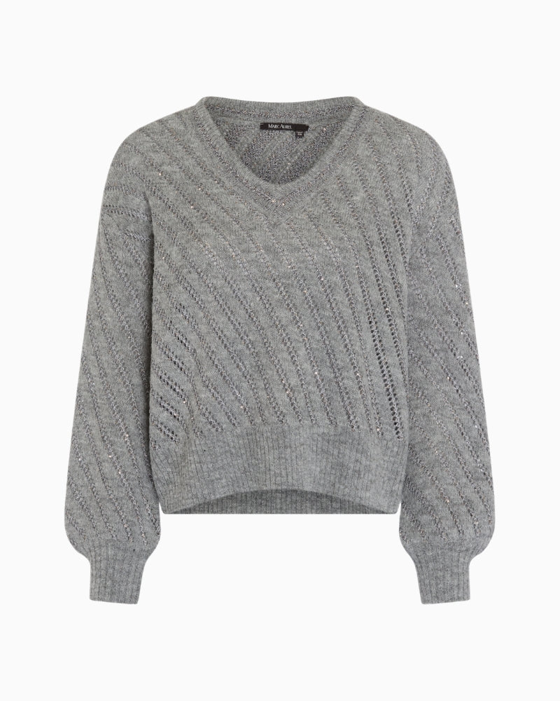 Grey open-knit jumper by Marc Aurel with V-neck and subtle shimmer