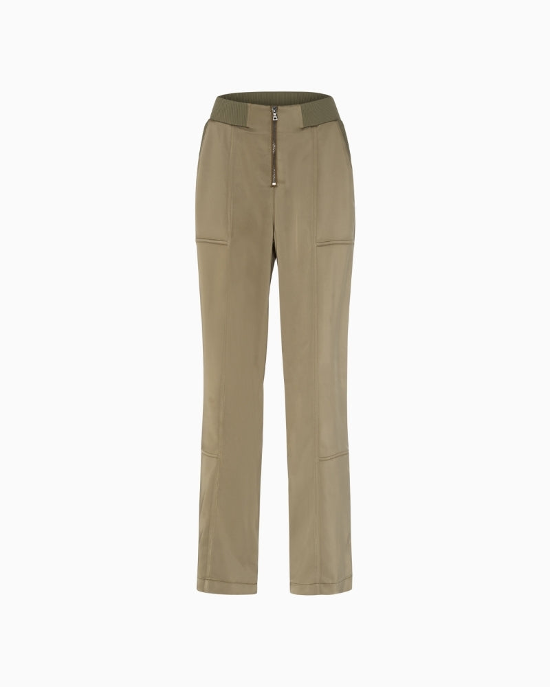 Front view of Marc Aurel khaki tailored trousers with smooth waistband

