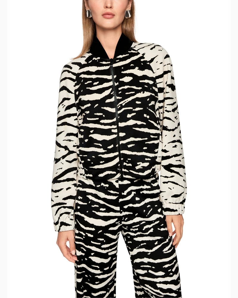 Marc Cain black blouson jacket with all-over animal print and zip front