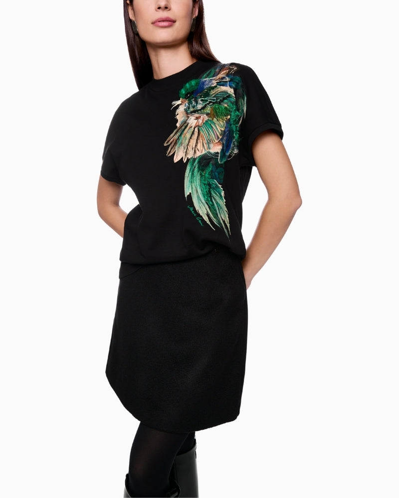 Black cotton feather print shirt by Marc Cain with subtle sparkle detail