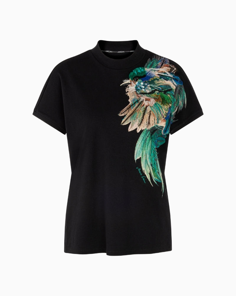 Black cotton feather print shirt by Marc Cain with subtle sparkle detail