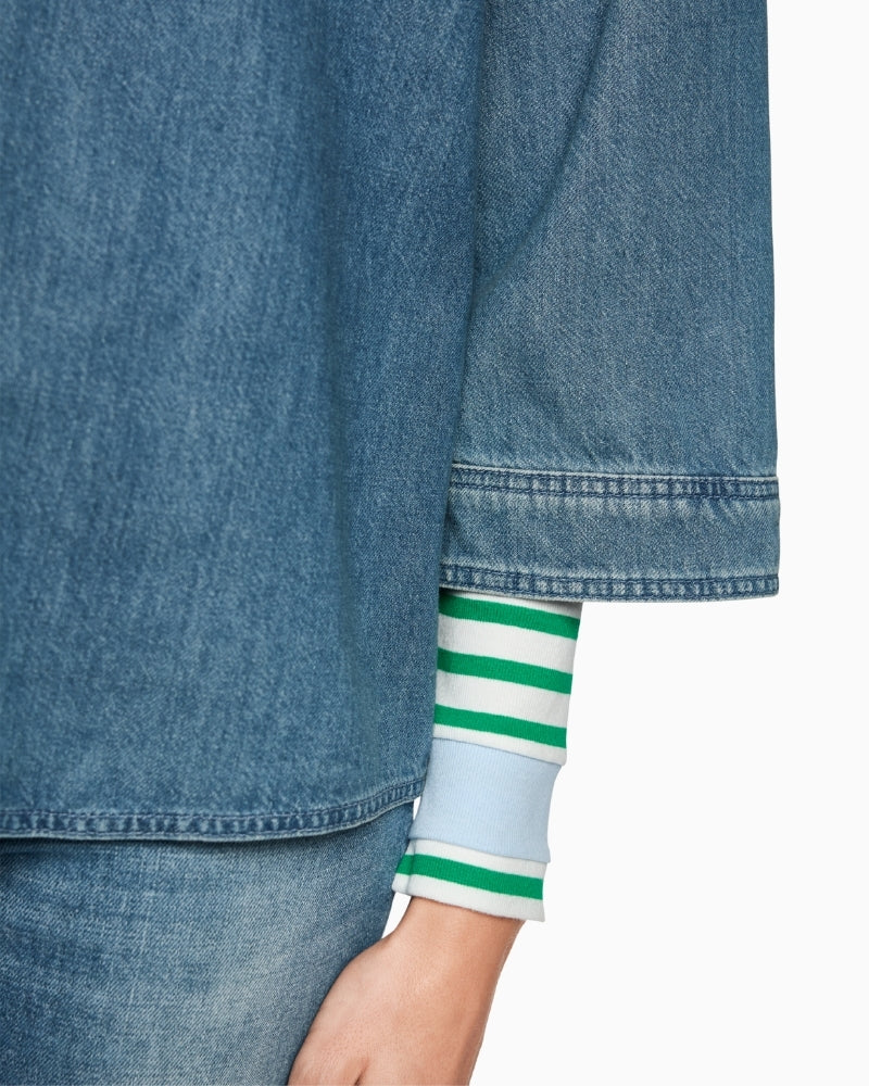 Marc Cain blue denim-style blouse sleeve and cuff detail – Áines Boutique