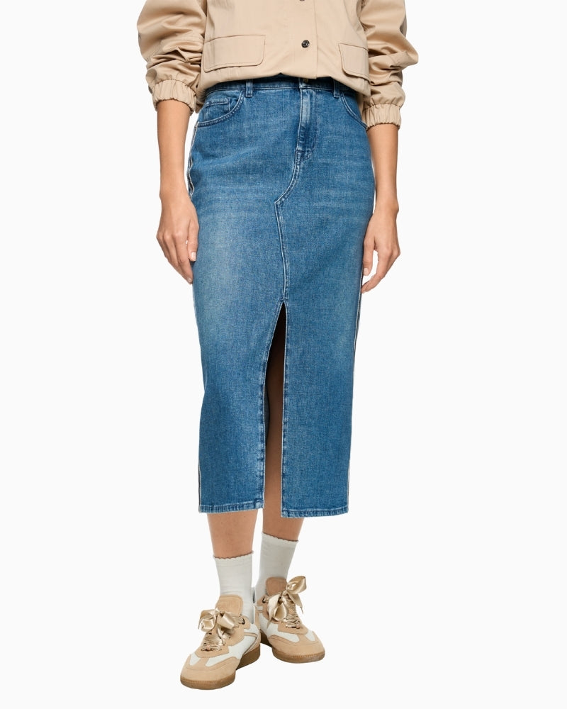 Marc Cain mid-blue denim midi skirt front view with front slit – Áines Boutique
