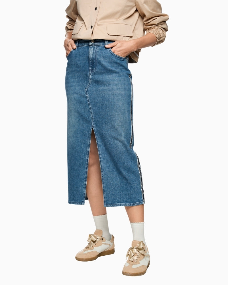 Marc Cain mid-blue denim midi skirt side view – Áines Boutique