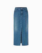 Marc Cain mid-blue denim midi skirt front view with front slit – Áines Boutique