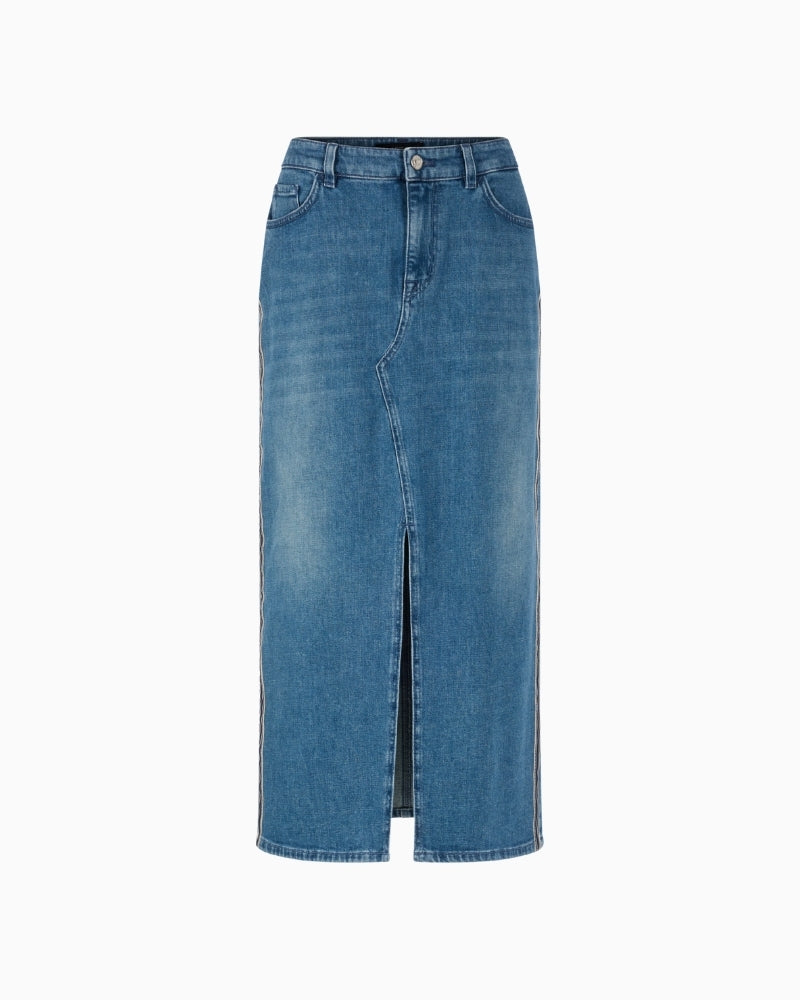 Marc Cain mid-blue denim midi skirt front view with front slit – Áines Boutique