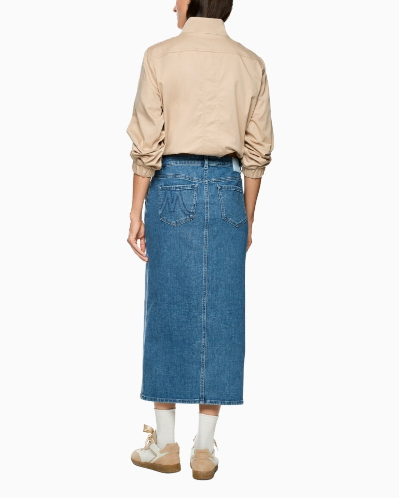 Woman wearing Marc Cain denim midi skirt back view – Áines Boutique