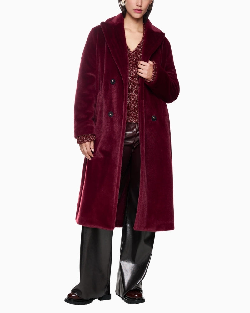 Front view of Marc Cain fluffy maroon coat with wide fit and four-button fastening