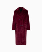 Front view of Marc Cain fluffy maroon coat with wide fit and four-button fastening