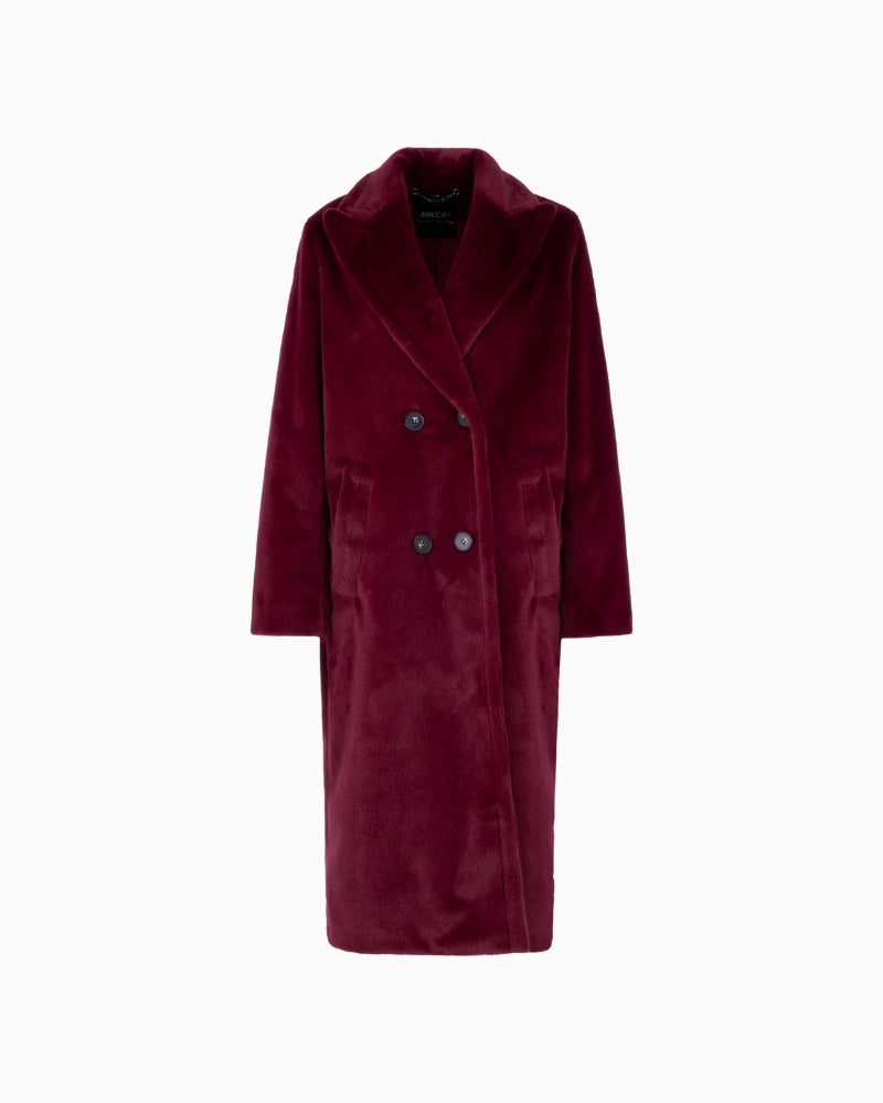 Front view of Marc Cain fluffy maroon coat with wide fit and four-button fastening