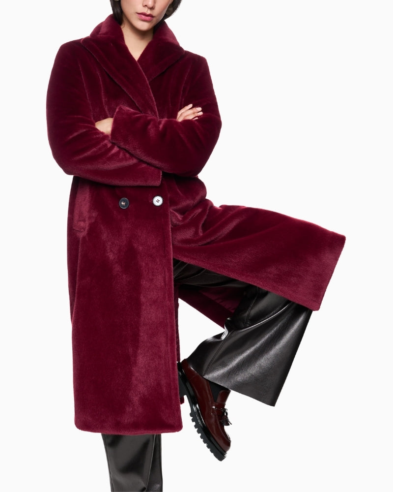 Front view of Marc Cain fluffy maroon coat with wide fit and four-button fastening