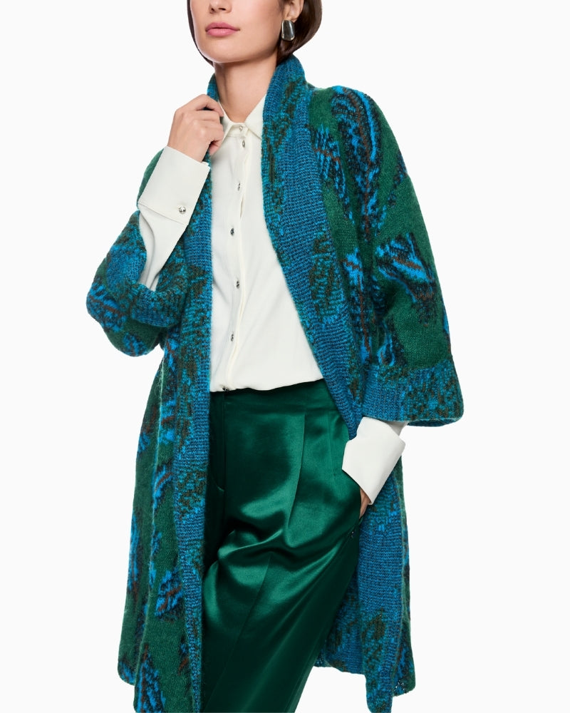 Part Two jacquard knit cape coat with feather pattern and shawl collar