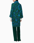 Back view of Part Two knitted coat highlighting jacquard design