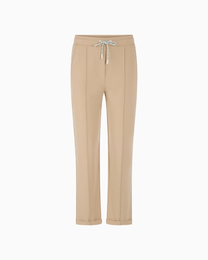 Marc Cain beige jersey drawstring trousers front view – Áines Boutique
