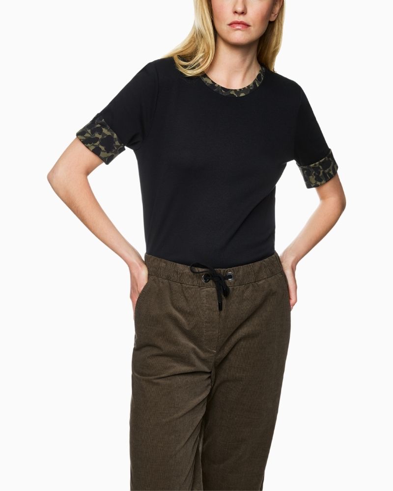 Marc Cain black jersey shirt with printed trim at neckline and rolled sleeves