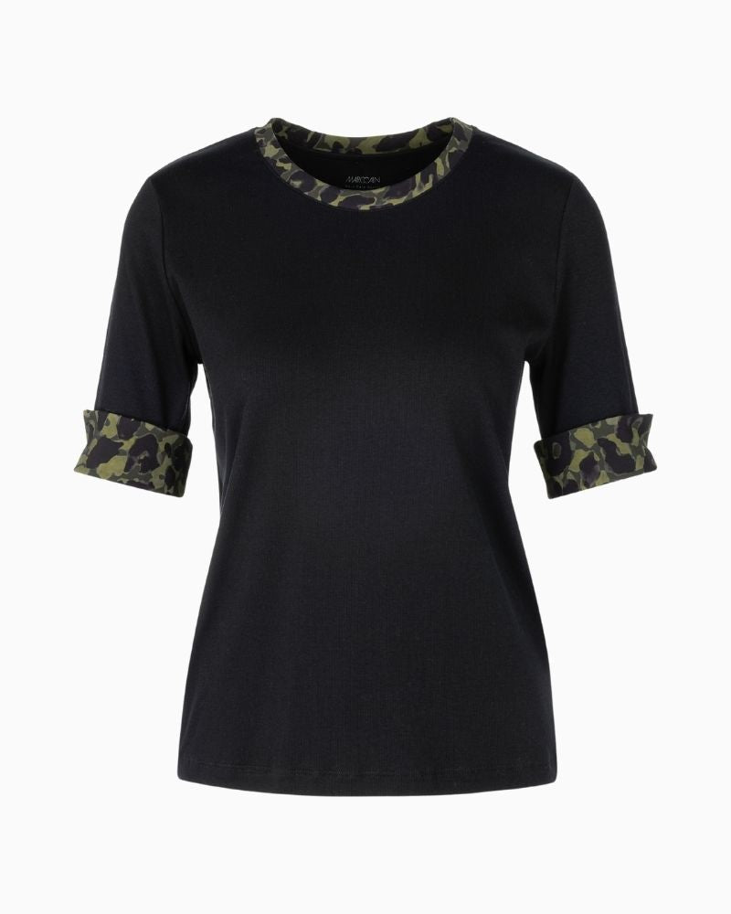 Marc Cain black jersey shirt with printed trim at neckline and rolled sleeves