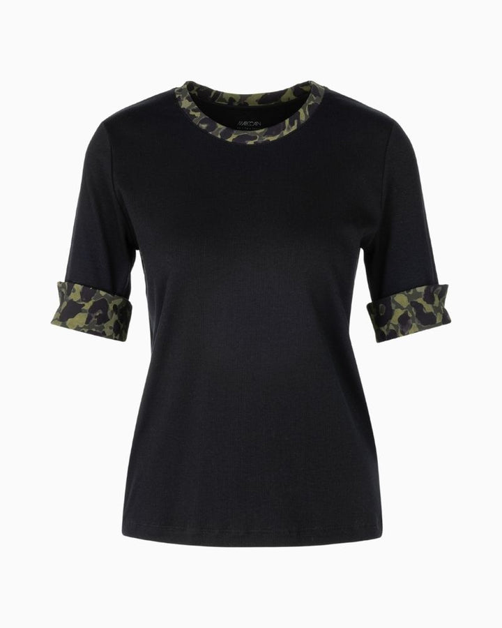 Marc Cain black jersey shirt with printed trim at neckline and rolled sleeves
