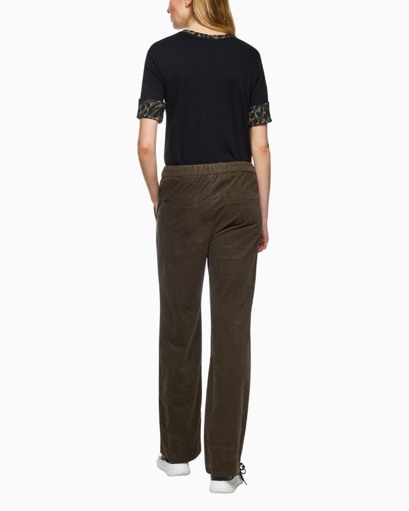 Back of Marc Cain black jersey shirt with printed trim at neckline and rolled sleeves
