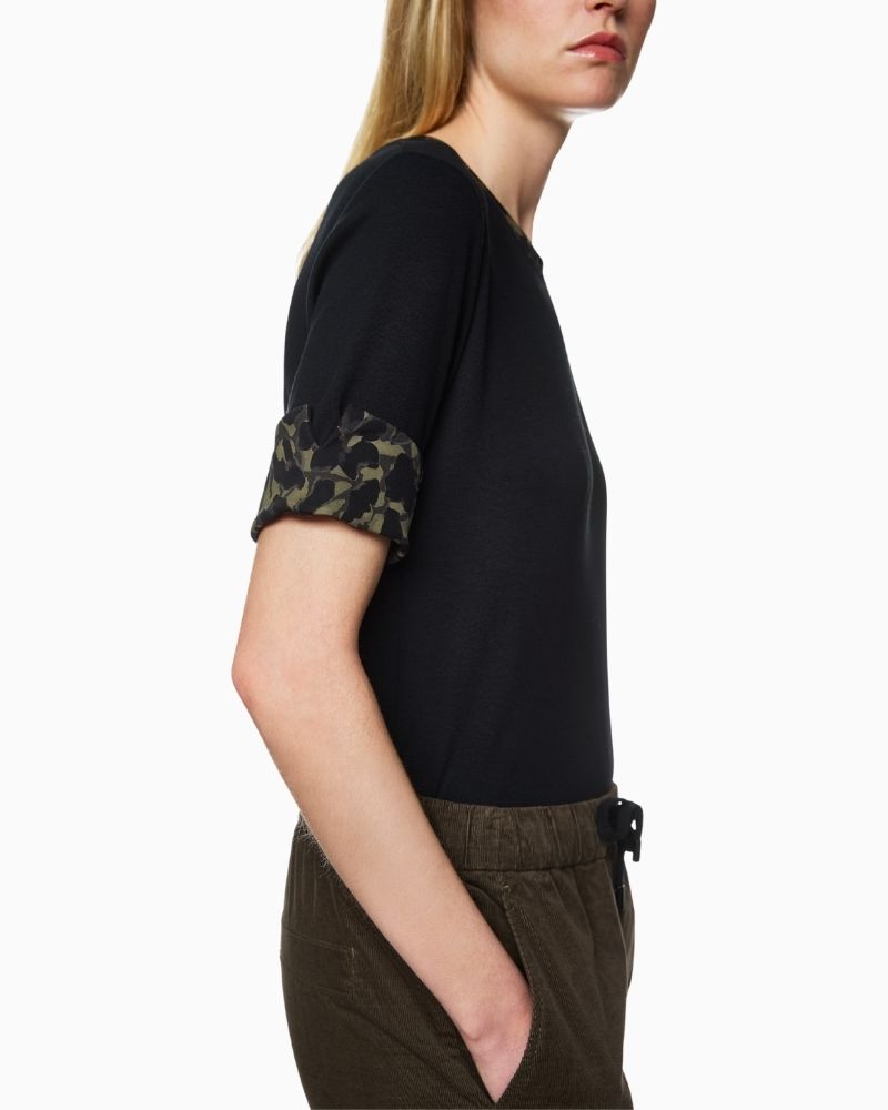 Side view of Marc Cain stretch cotton top with slit half sleeves
