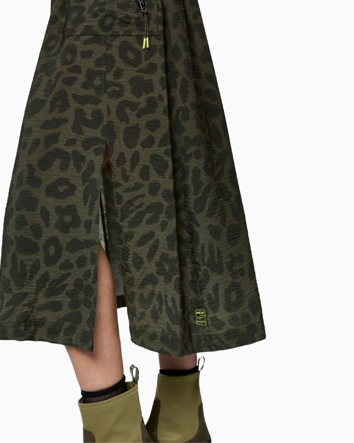 Close up of Marc Cain olive maxi dress with zip neckline, patch pockets and drawstring waist