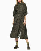 Marc Cain olive maxi dress with zip neckline, patch pockets and drawstring waist