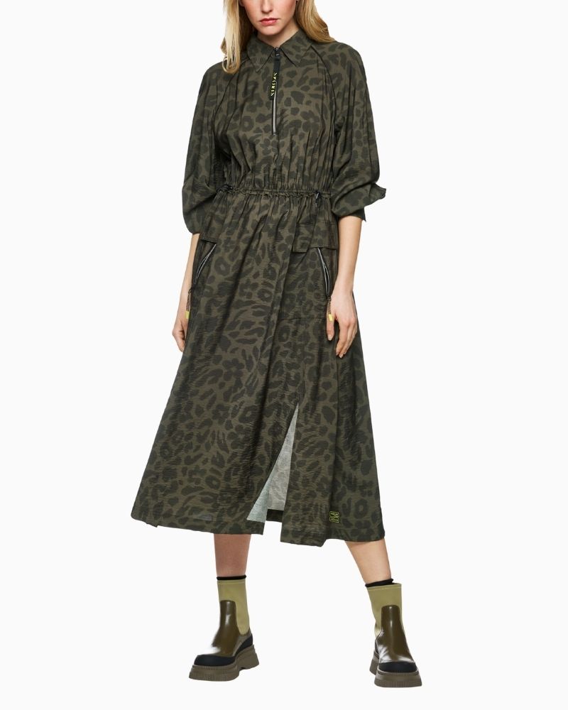 Marc Cain olive maxi dress with zip neckline, patch pockets and drawstring waist
