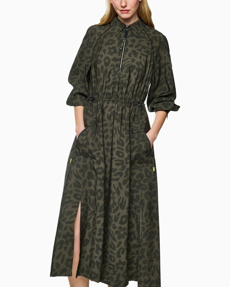 Marc Cain olive maxi dress with zip neckline, patch pockets and drawstring waist