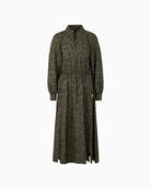 Marc Cain olive maxi dress with zip neckline, patch pockets and drawstring waist
