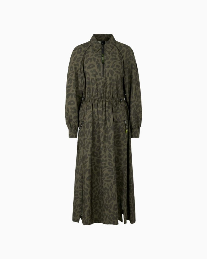 Marc Cain olive maxi dress with zip neckline, patch pockets and drawstring waist