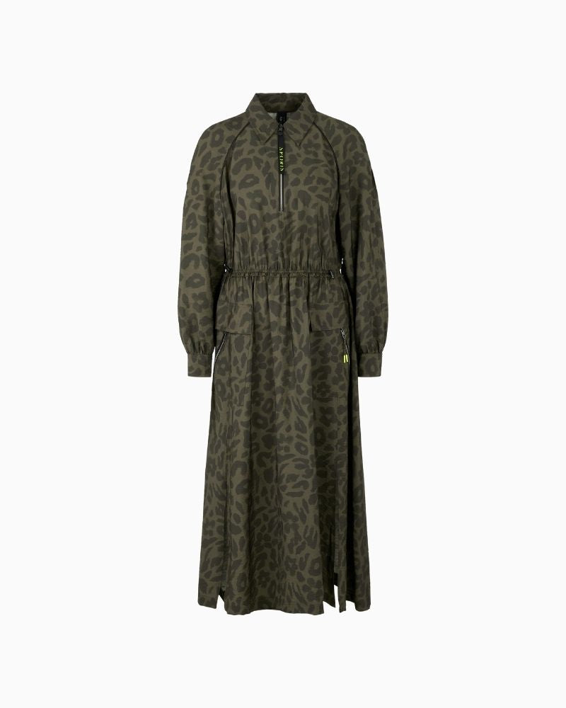 Marc Cain olive maxi dress with zip neckline, patch pockets and drawstring waist