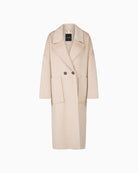 Front view of unlined Marc Cain coat showing button closure and patch pockets