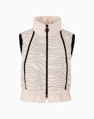 Front view of cream gilet with zip closure and elasticated waistband