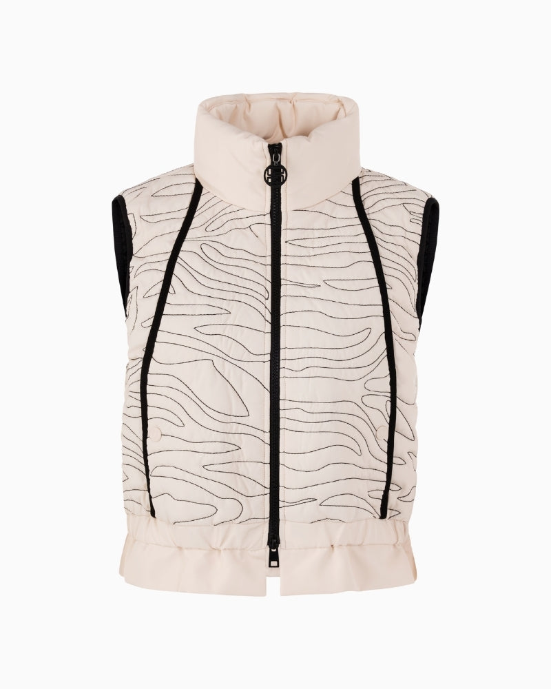 Front view of cream gilet with zip closure and elasticated waistband